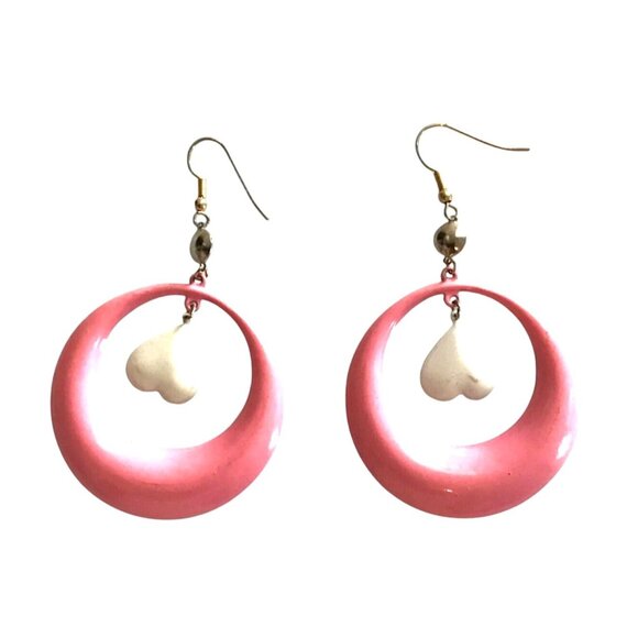 WOMENS DANGLE PINK TONE WITH WHITE CENTER HEART EARRINGS - Picture 1 of 3
